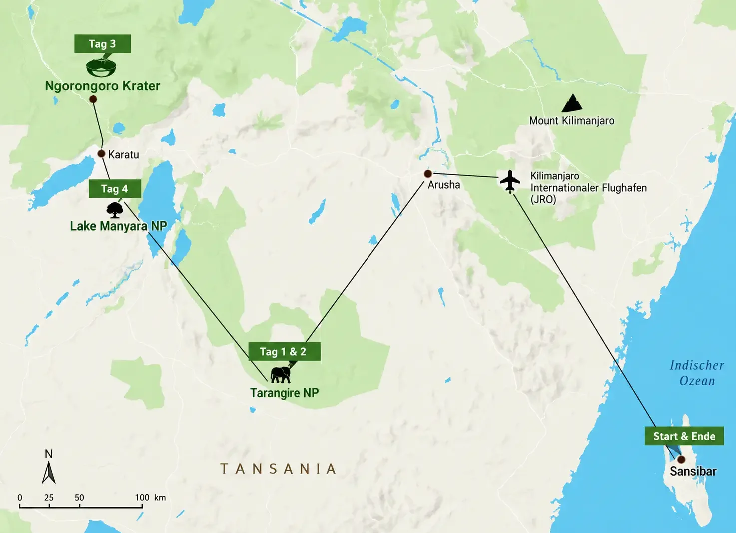 Routenkarte der 5-Tage-Safari: Arusha, Tarangire, Lake Manyara, Ngorongoro-Krater