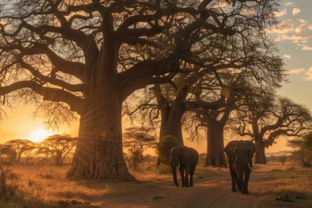 Elefantenherde vor Baobab-Baum im Tarangire Nationalpark