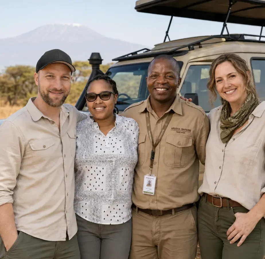 Guides von Arusha Safaris am Safari-Jeep in Arusha