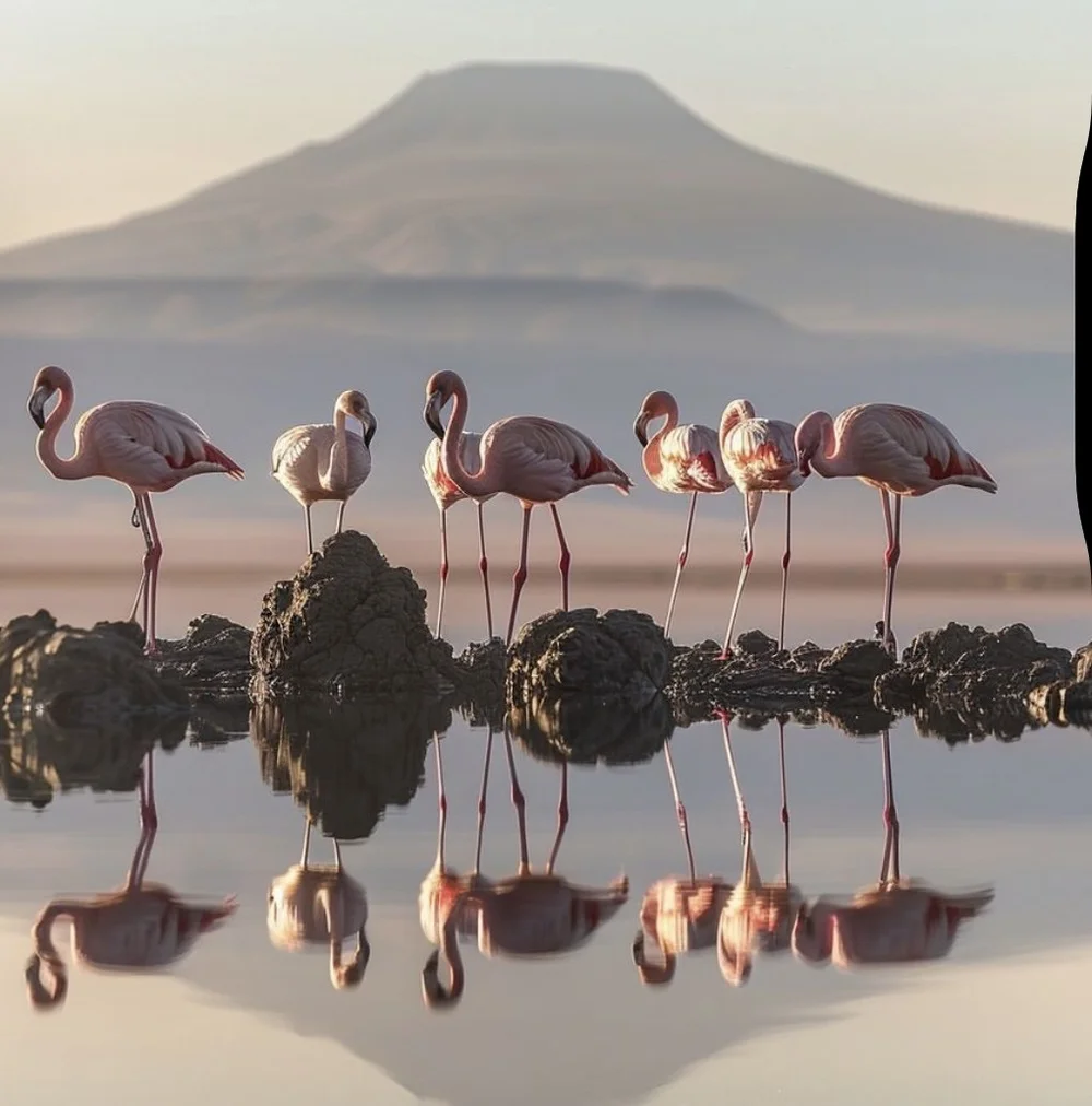 Flamingos im flachen Wasser des Lake Natron