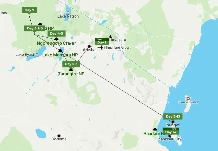 Reiseroute auf einer Karte von Kilimandscharo im Norden bis Zanzibar im Süden, inklusive Sehenswürdigkeiten wie Seen, Nationalparks, und Etappen für Tage 1 bis 14.