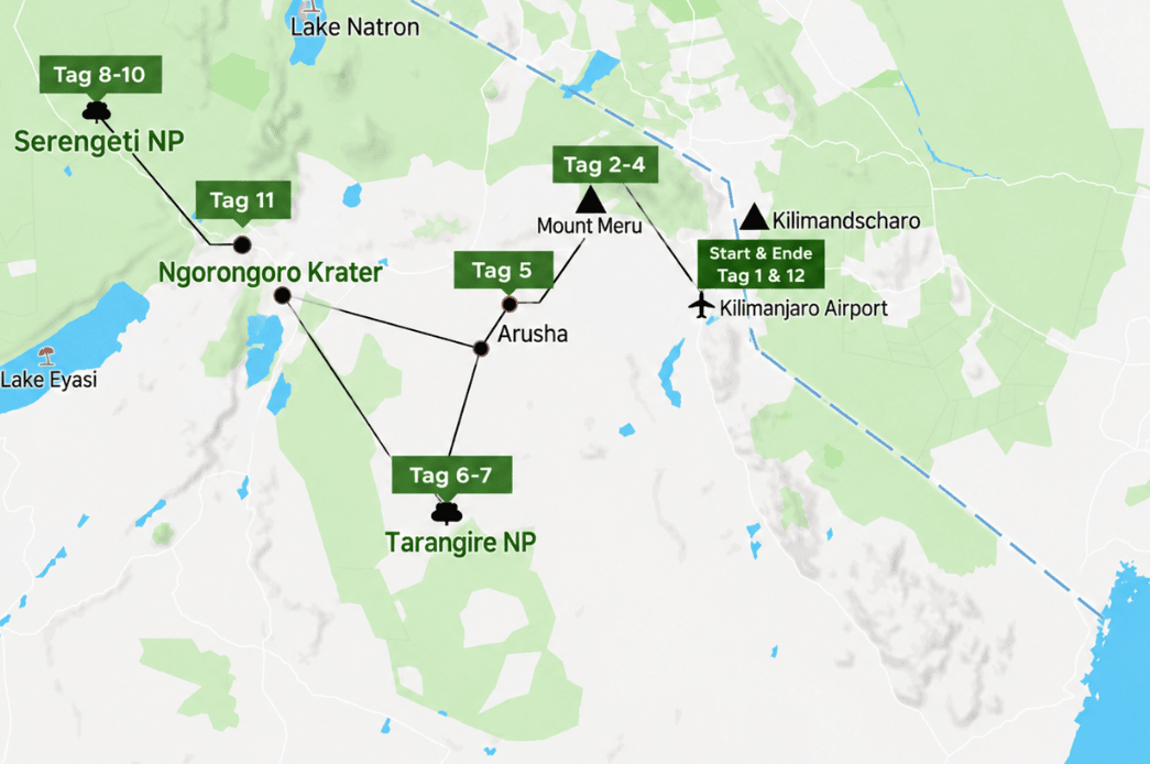 Karte der 13-Tage-Route: Mount Meru Besteigung, danach Tarangire, Serengeti und Ngorongoro-Krater