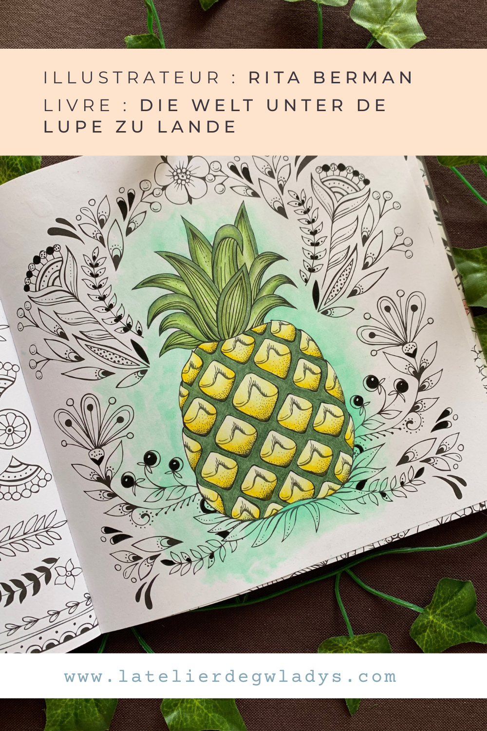 Coloriage aux crayons de couleurs : Luminances Caran d'Ache et feutre fineliner - aquarelle. Livre : Die Welt unter de lupe zu lande / Illustrateur : Rita Berman