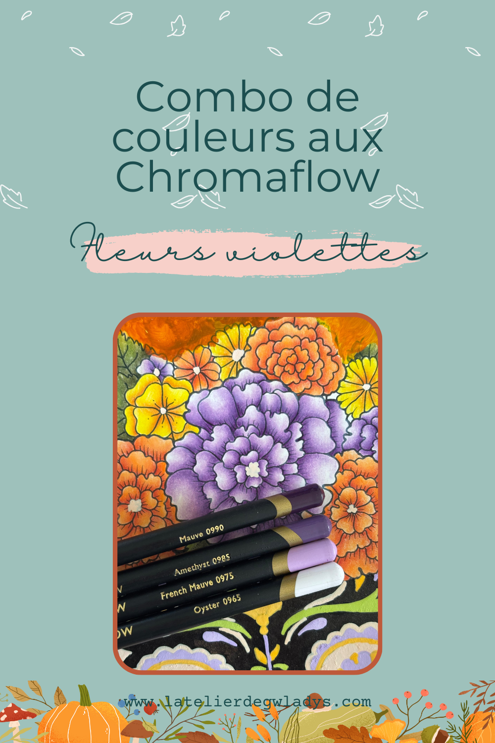 Combo couleurs aux crayons de couleur de la gamme Derwent Chromaflow - Fleurs violettes : 0900 - 0985 - 0975 - 0965