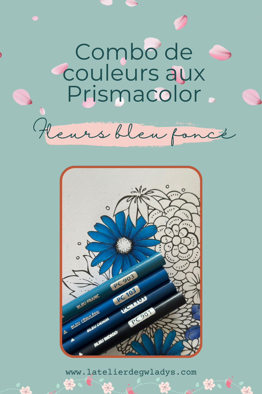 Combo couleurs aux crayons de couleur Prismacolor Premier - Fleurs bleu foncé : PC 903 - PC 103 - PC 1101 - PC 901