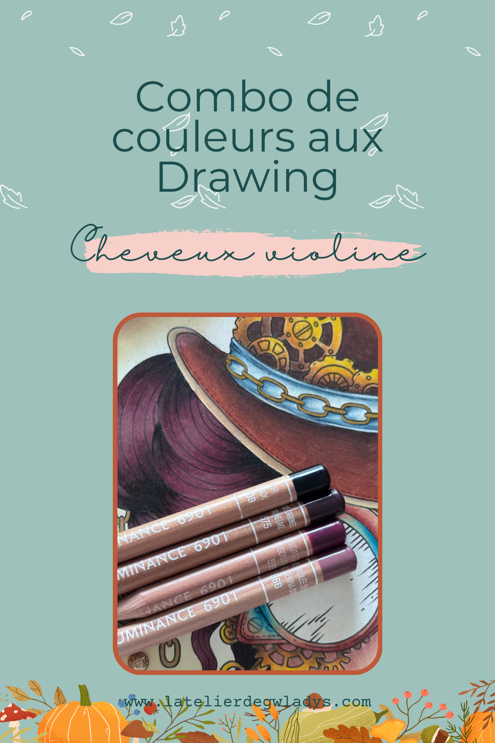 Combo couleurs aux crayons de couleurs Luminance de chez Caran d'Ache - Cheveux violine : 009 - 575 - 599 - 866