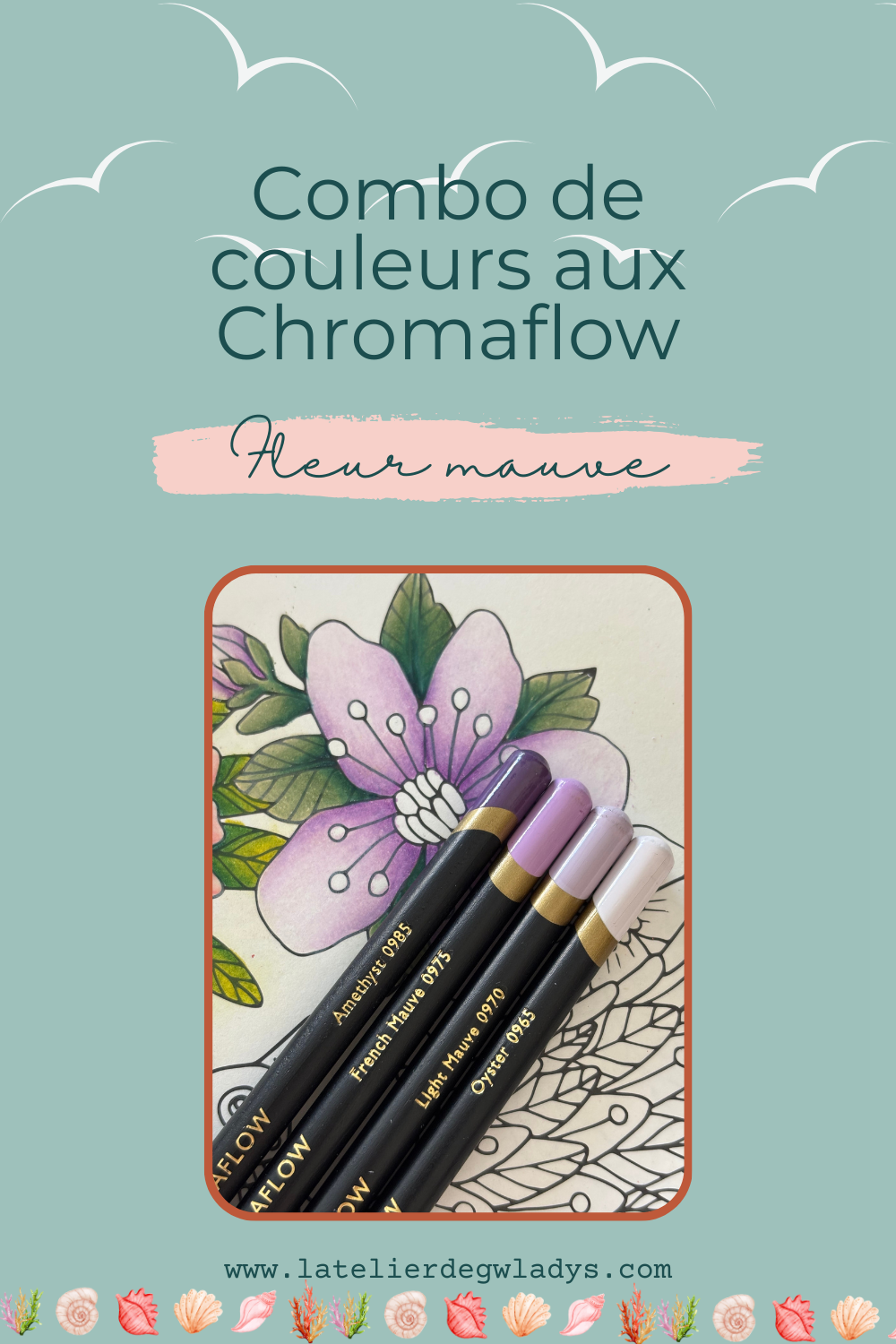 Combo couleurs aux crayons de couleur de la gamme Derwent Chromaflow - Fleur mauve : 0985 - 0975 - 0970 - 0965