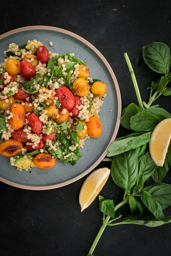 Blistered Tomato and Basil Salad with Israeli Couscous
