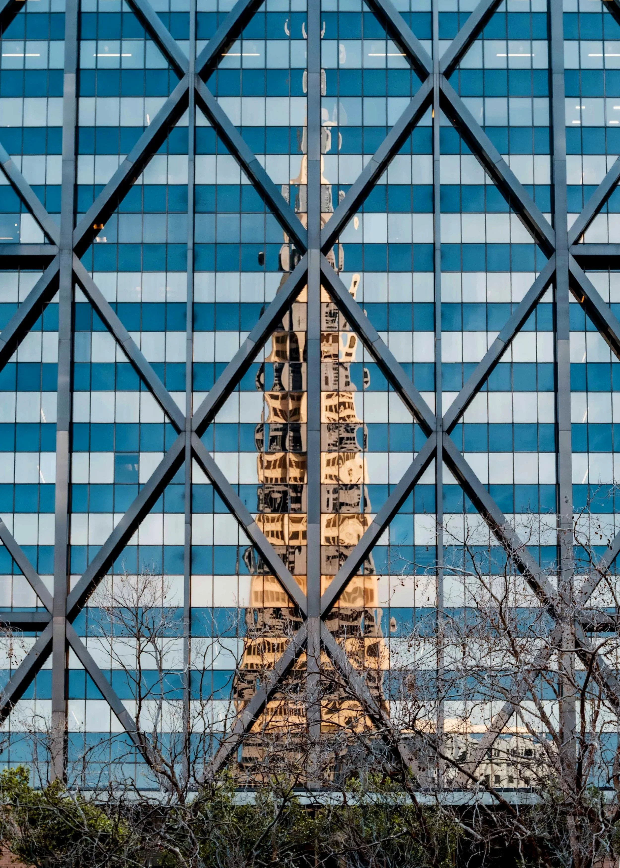 Reflections of a tall building with a decorative facade on a glass building, seen through the windows of another building with a gridmetal pattern, with some branches and foliage in the foreground.