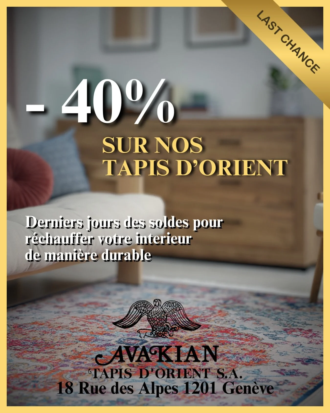 [Derniers jours des soldes]
Il est encore temps de profiter des derniers jours de soldes pour r&eacute;chauffer votre int&eacute;rieur de mani&egrave;re durable avec nos tapis nou&eacute;s &agrave; la main.

Rendez nous visite muni d&rsquo;une photo 