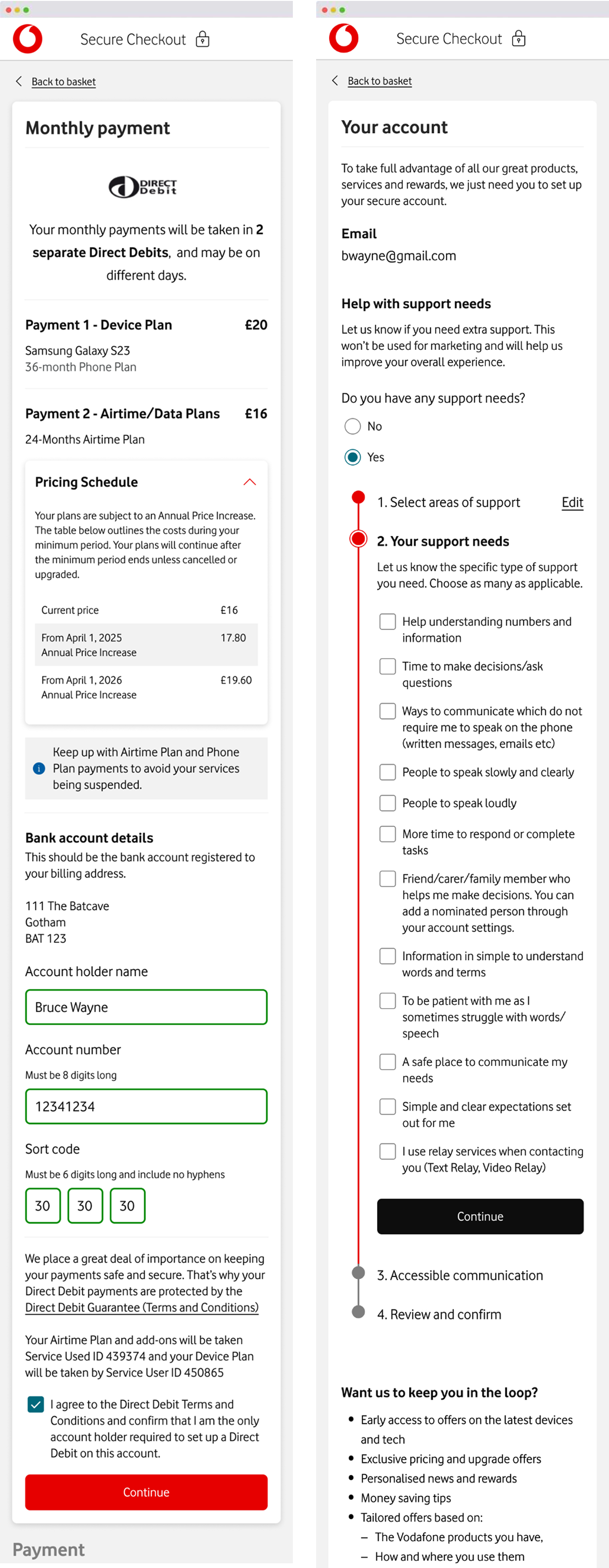 Two mobile screenshots of the Vodafone checkout, showing the Monthly Payments and Account panels