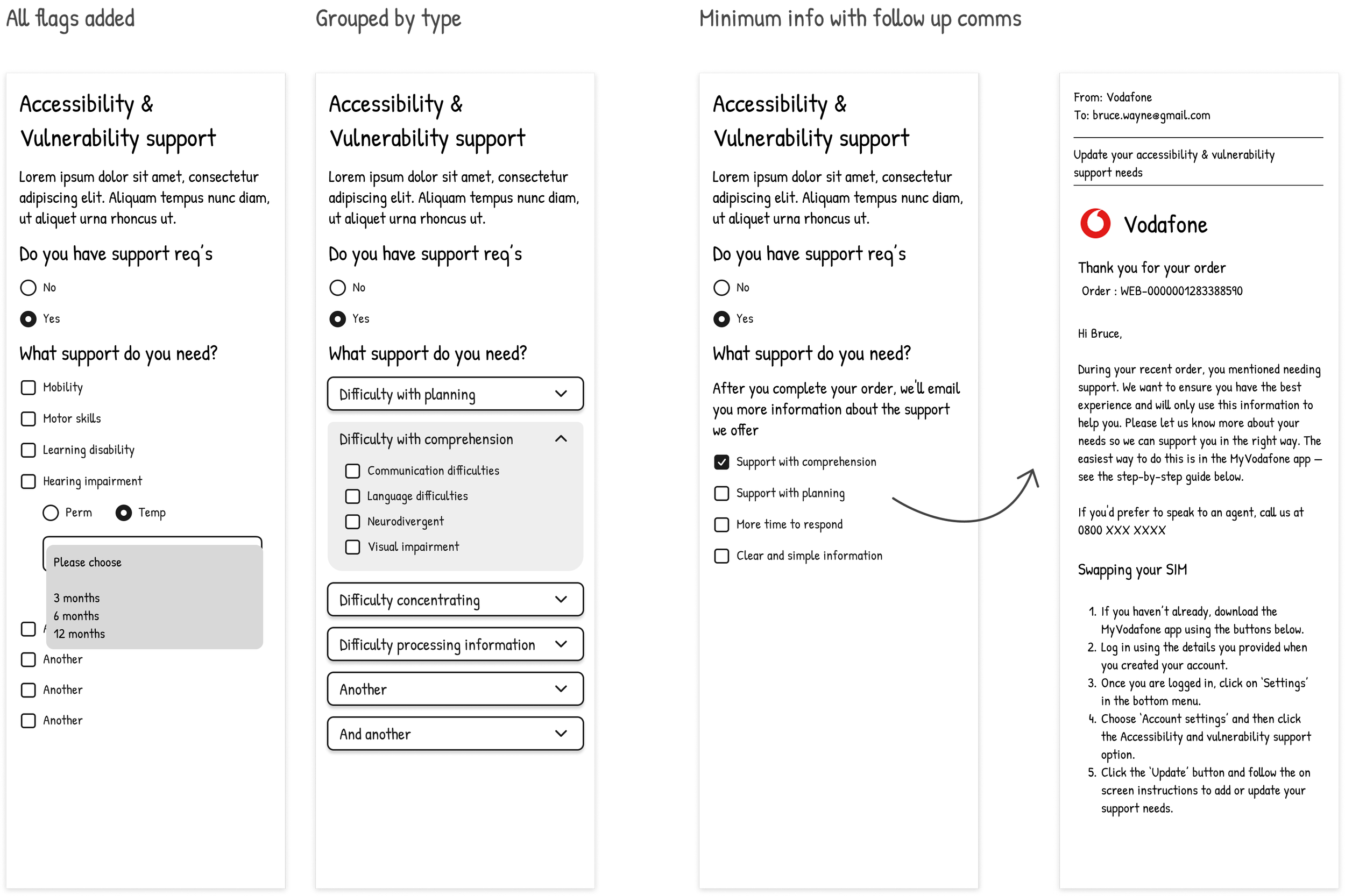 Screenshots of ideas for improving the vulnerable customers journey in checkout