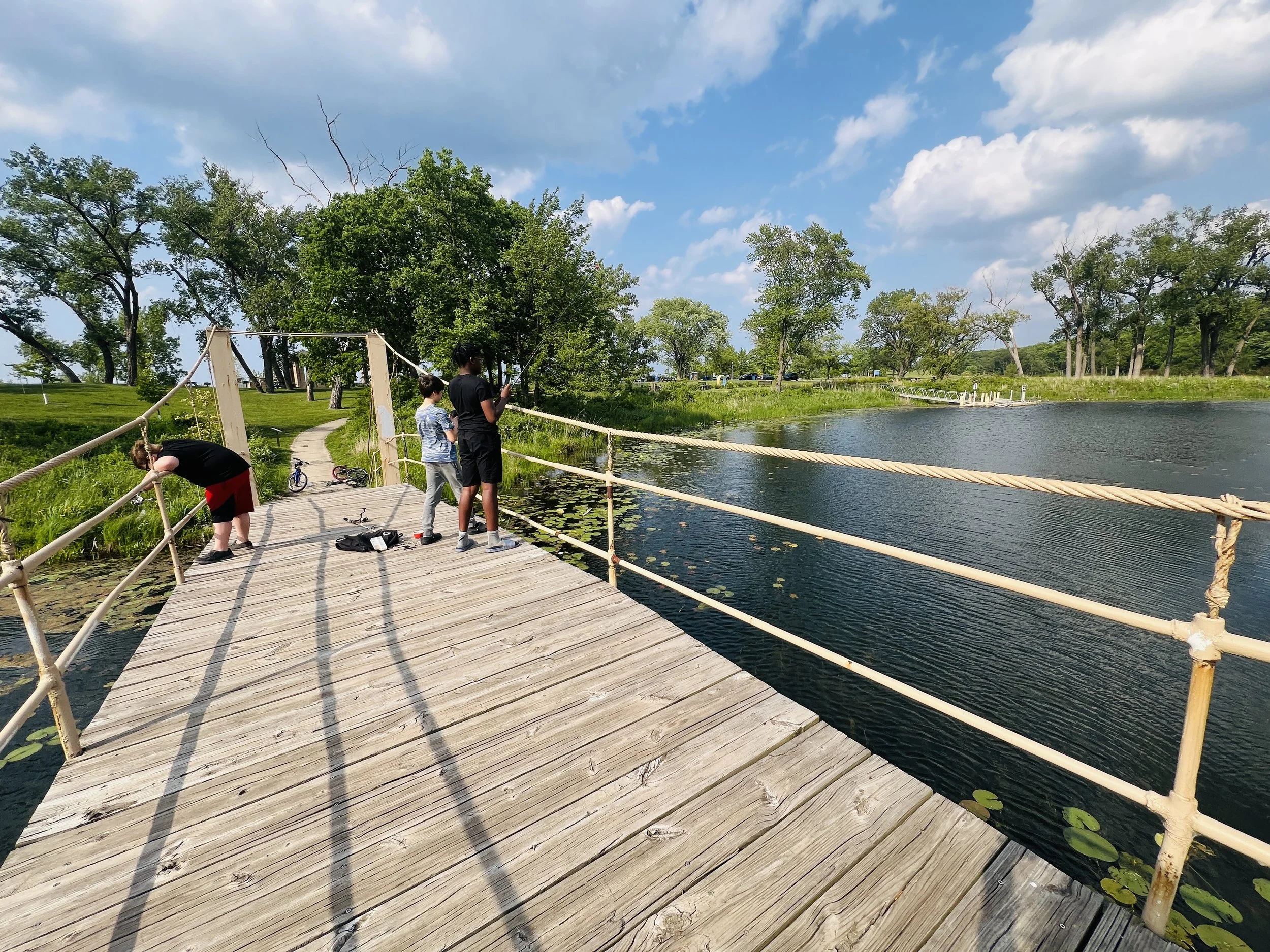 The bridges over theCalumet Lagoon near the kayak launch are a popular fishing spot for bass, trout, and bluegill. 