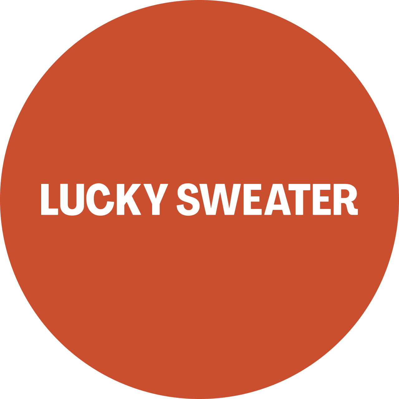 Red circular badge with white text that reads "LUCKY SWEATER".