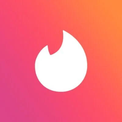 Tinder logo with a white flame icon on a pink and orange gradient background.