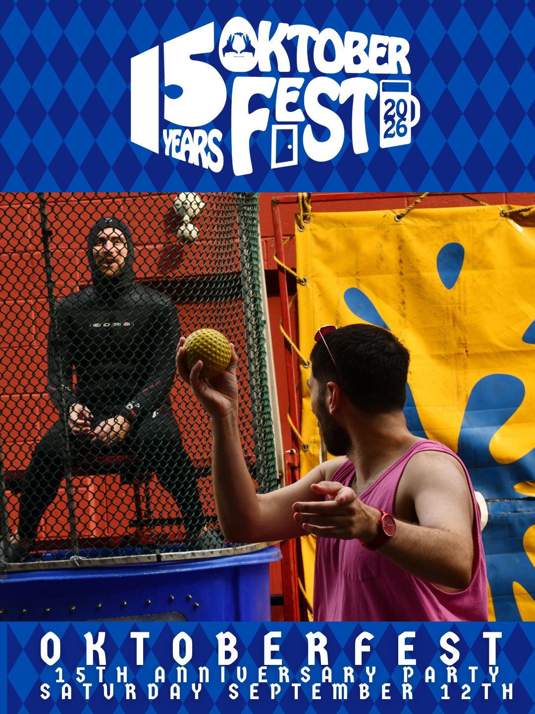 a poster for Oktoberfest featuring a man about to throw a soft ball at the dunk tank, another man is sitting in the tank in a full wetsuit