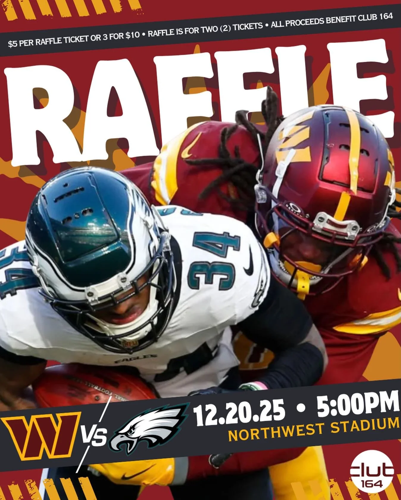 Raffle tickets are still available for the Commanders next home game versus the Eagles! 

🏈 Commanders vs. Eagles
🏟️ Northwest Stadium
⏰ Sat., 12/20 at 5pm

🎟️ Raffle tickets are $5 each or 3 for $10
🗓️ Drawing will be held on Thurs., 12/18 at 5p