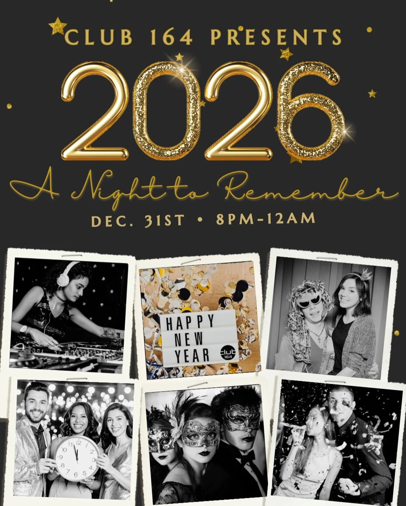 Join us for a masquerade party as we ring in the new year at Club 164!

📅 December 31st &bull; 8pm-12am 🕛
📍2016 Industrial Drive, Annapolis📍
🎭Masquerade 💿 DJ 🎞️ Photo Booth 🎉 Games