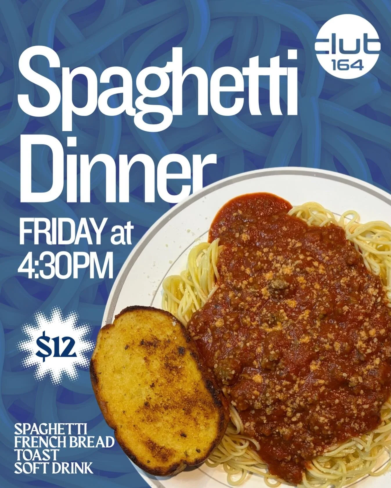 Your Friday dinner plans have just been made!! Join us THIS FRIDAY at 4:30pm for a spaghetti dinner at the club! Enjoy a spaghetti entree, choice of breads and a soft drink for just $12! 🍝