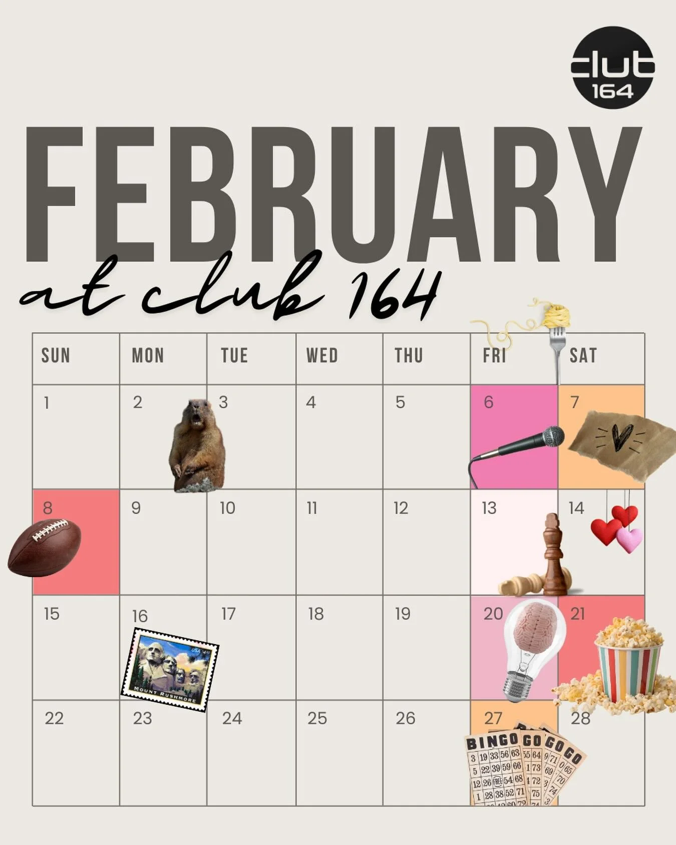 The groundhog saw his shadow today and that means six more weeks of great events at Club 164 starting with February&rsquo;s lineup!

🍝Join us every Friday for $12 Spaghetti Dinner at 4pm🍝

🎙️Open Mic Night🎙️
Friday, 2/6 at 7pm

💕Galentine&rsquo;