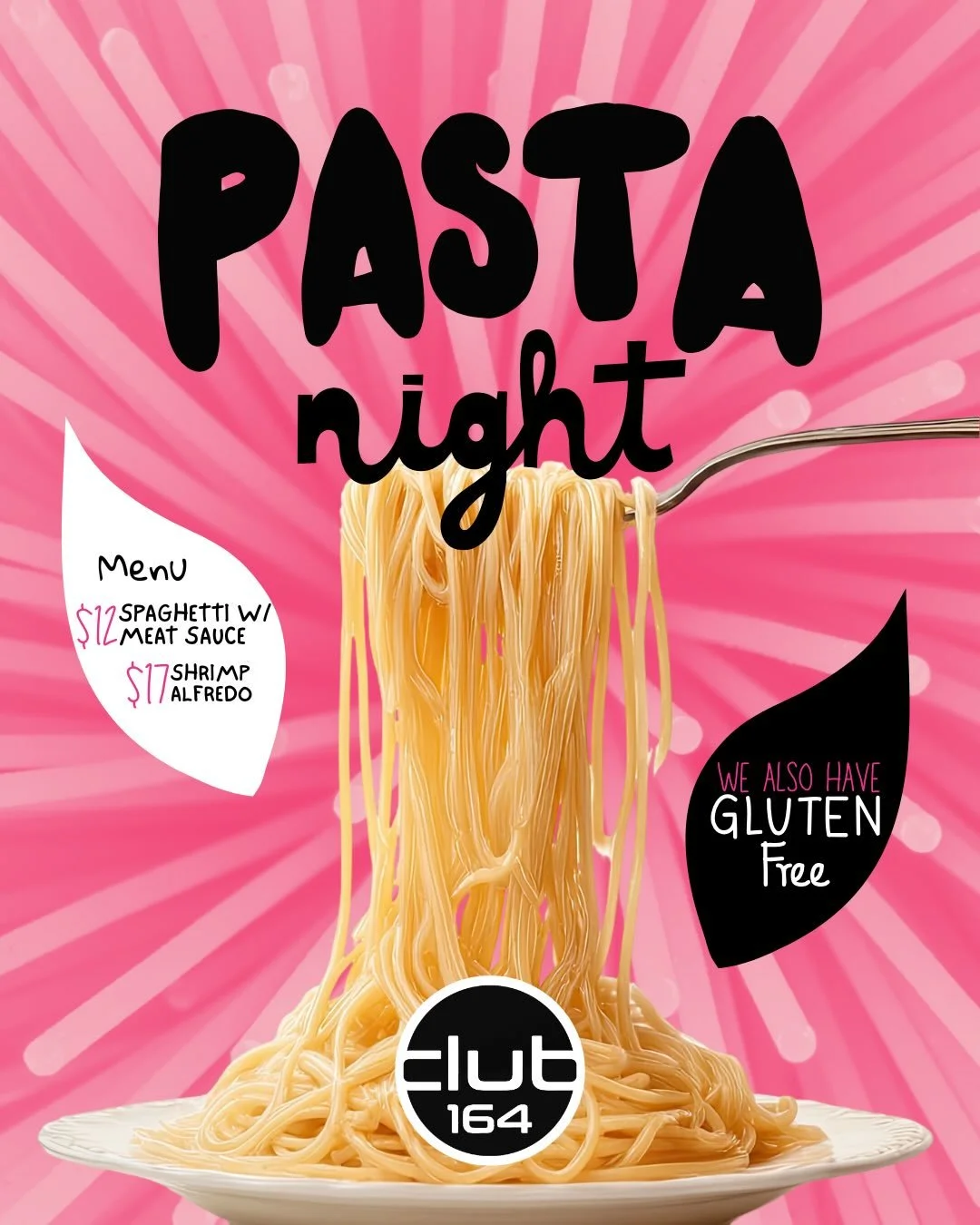 Spring into the weekend at Club 164!

FRIDAY
🍽️ Pasta Dinner at 4:30pm 🍽️
🍝 Spaghetti w/Meat Sauce $12
🍤 Shrimp Alfredo $17
+ Gluten-free options available!

🎤 Open Mic Night at 7pm 🎙️

SATURDAY
🎬 Movie Night at 7pm 🎬
🍿 Molly&rsquo;s Game, R