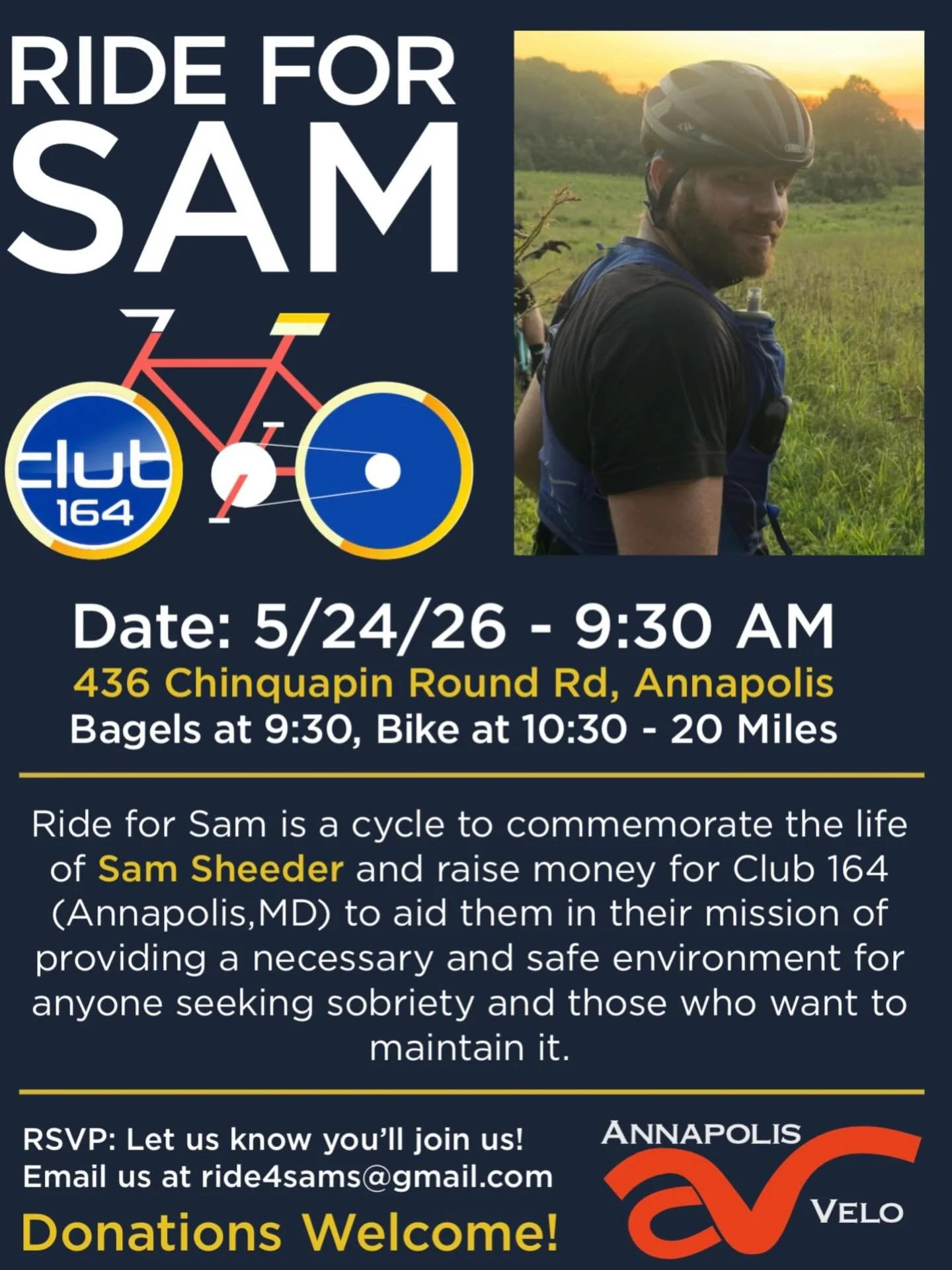 🚲 Save the Date for Ride for Sam! 🚲

Ride for Sam is a cycle to commemorate the life of Sam Sheeder and raise money for Club 164 to aid them in their mission of providing a necessary and safe environment for anyone seeking sobriety and those who wa