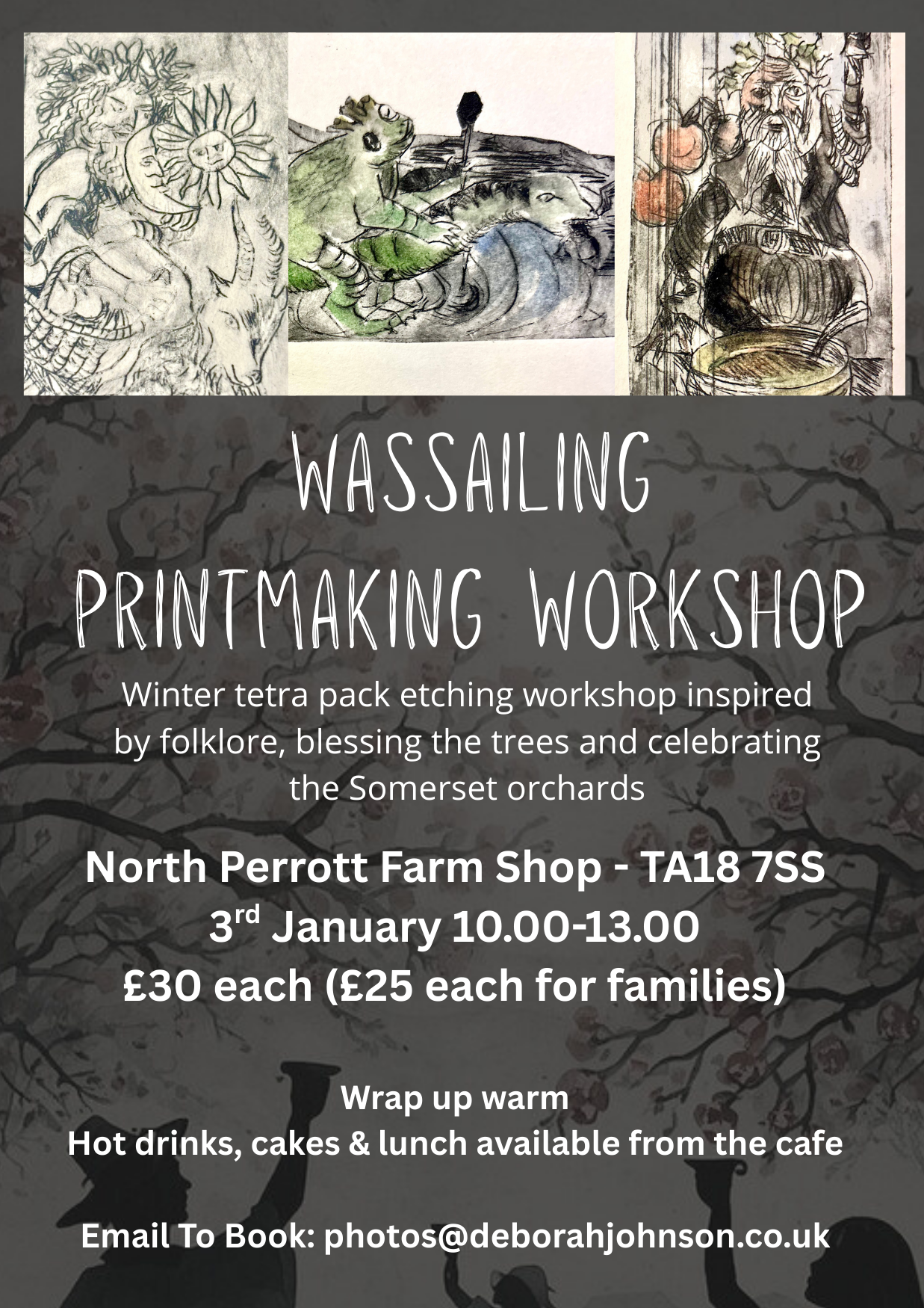 Poster for Winter wassailing art workshop with etched wassailing images