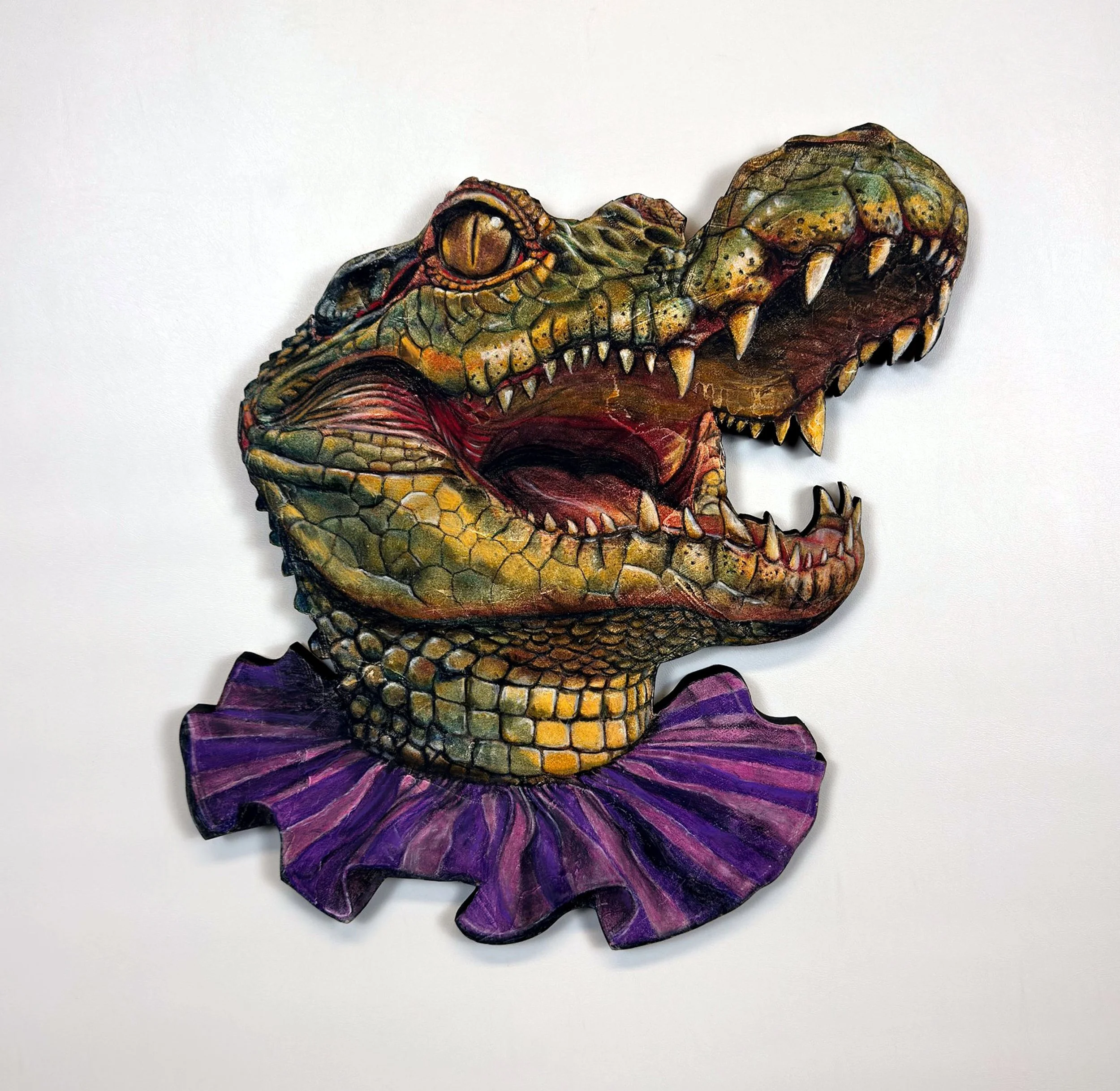 'He Don't Bite, Too Hard' (ink, watercolor, acrylic, charcoal, pastel and plaster on hand cut wood, 20.5 in x 19 in).jpg