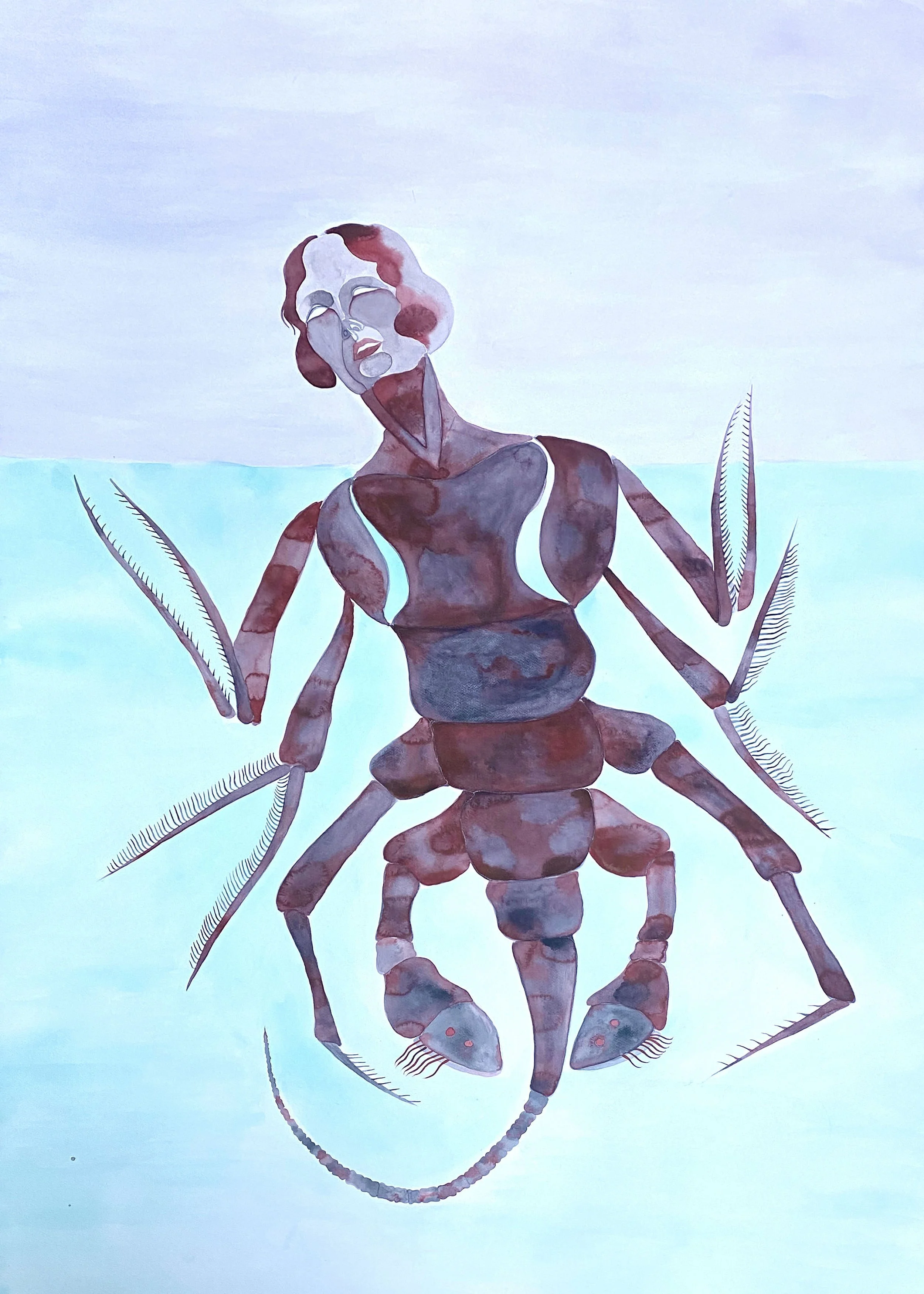 A surreal illustration of a woman with a human face and upper body merged with an amphipod's body against a light blue background.