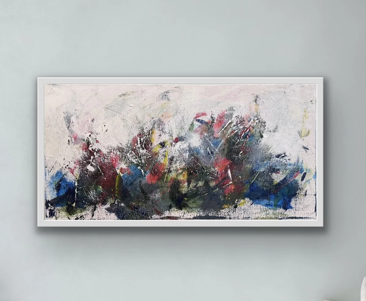 I'll Fly Over a Rainbow - acrylic on canvas 12x24 (in white floating frame)