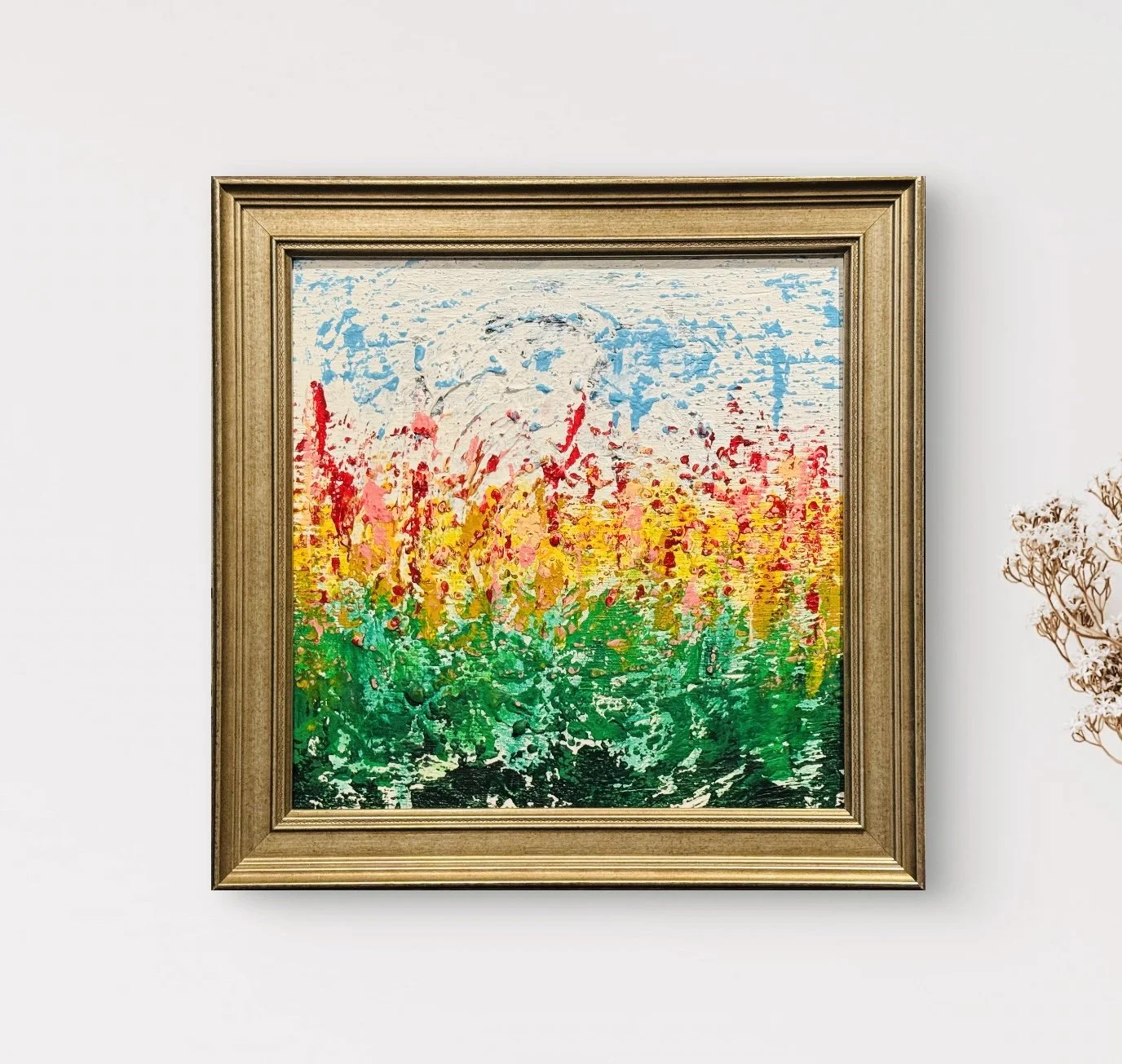 Through an Open Space - mixed media on wood panel in vintage frame 12x12