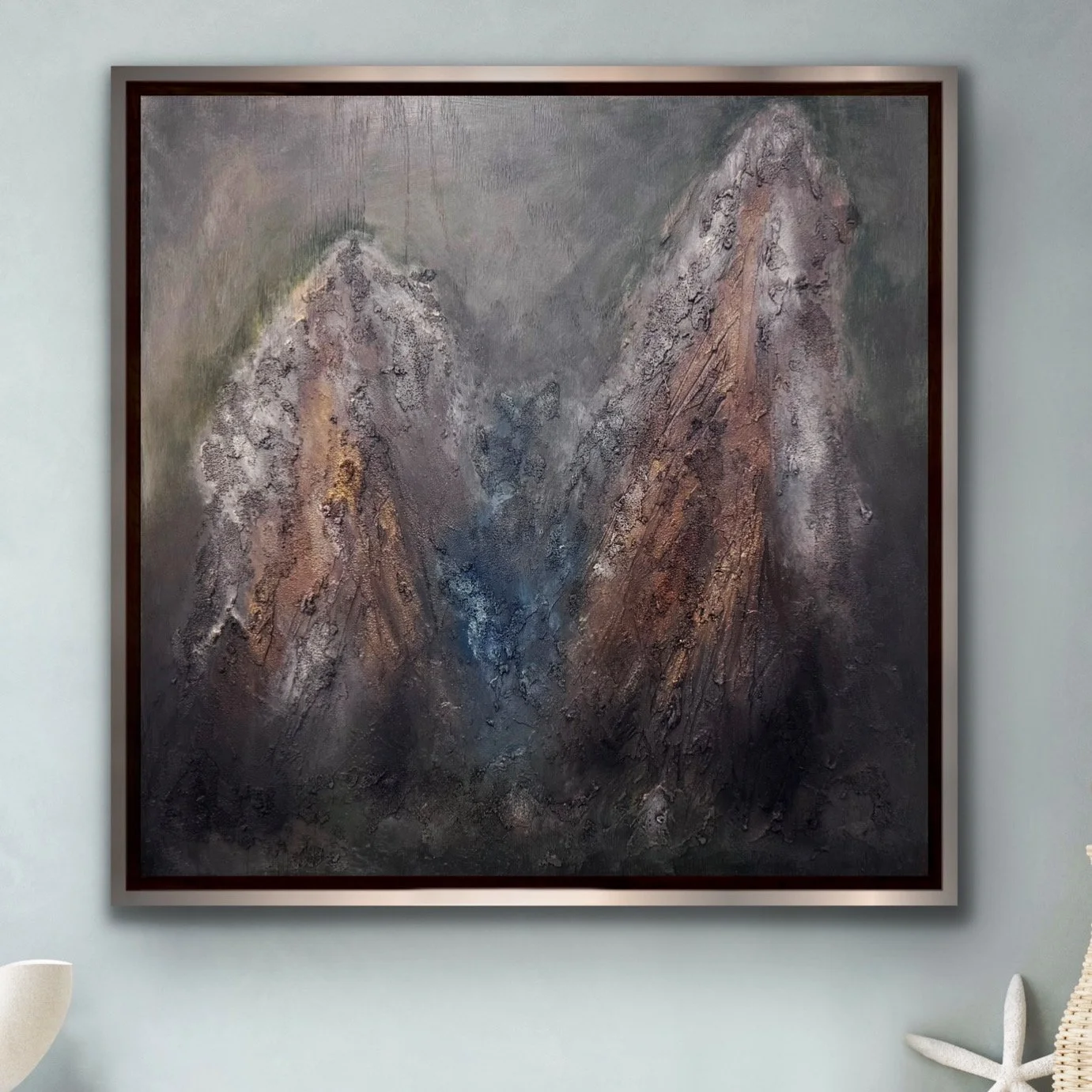 Fjord - mixed media on wood panel 20x20 
(actual frame is vintage wood frame)