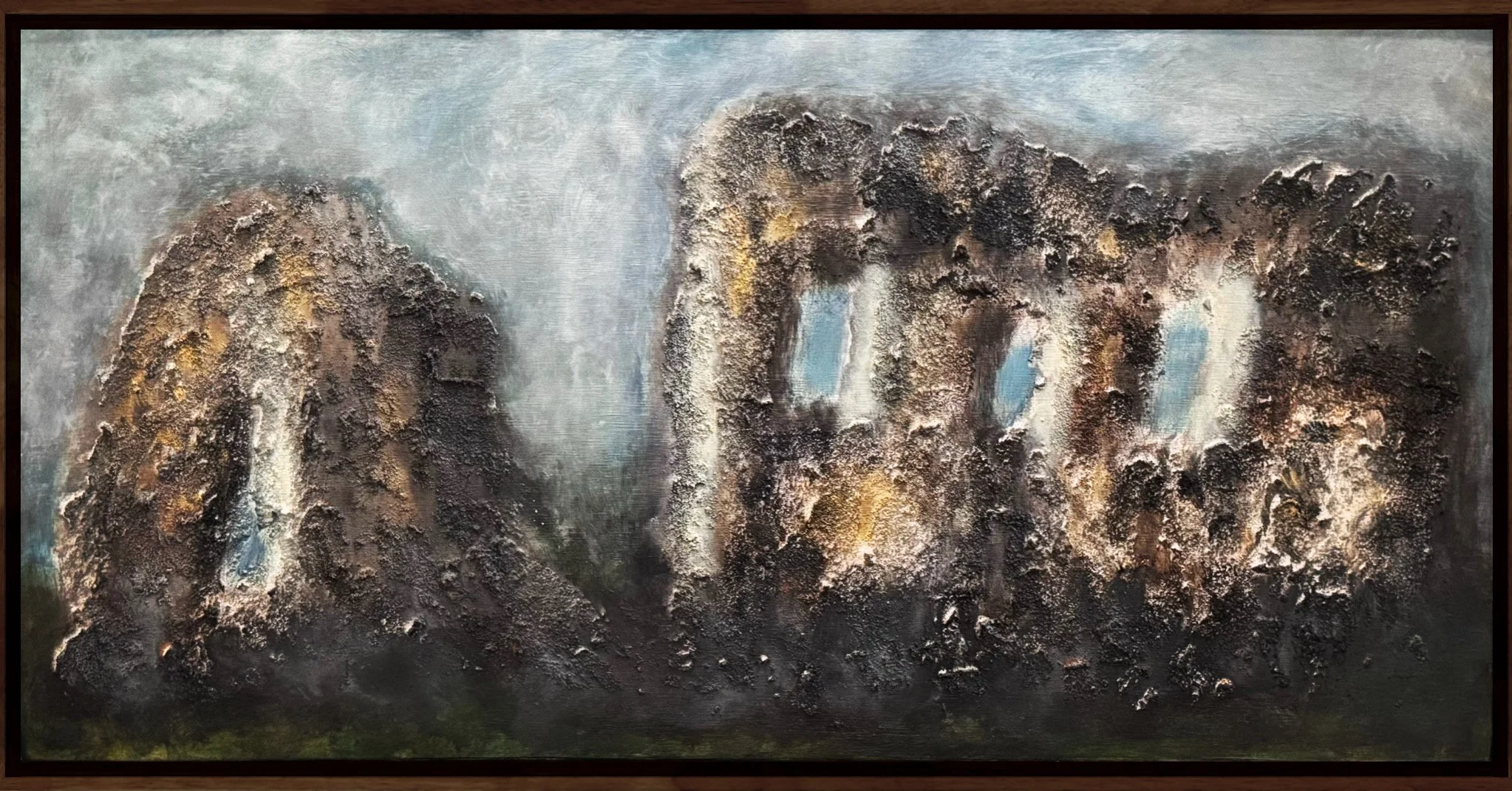 Castle/Chateau Gaillard - ink, acrylic, volcanic ash on wood panel 20x36