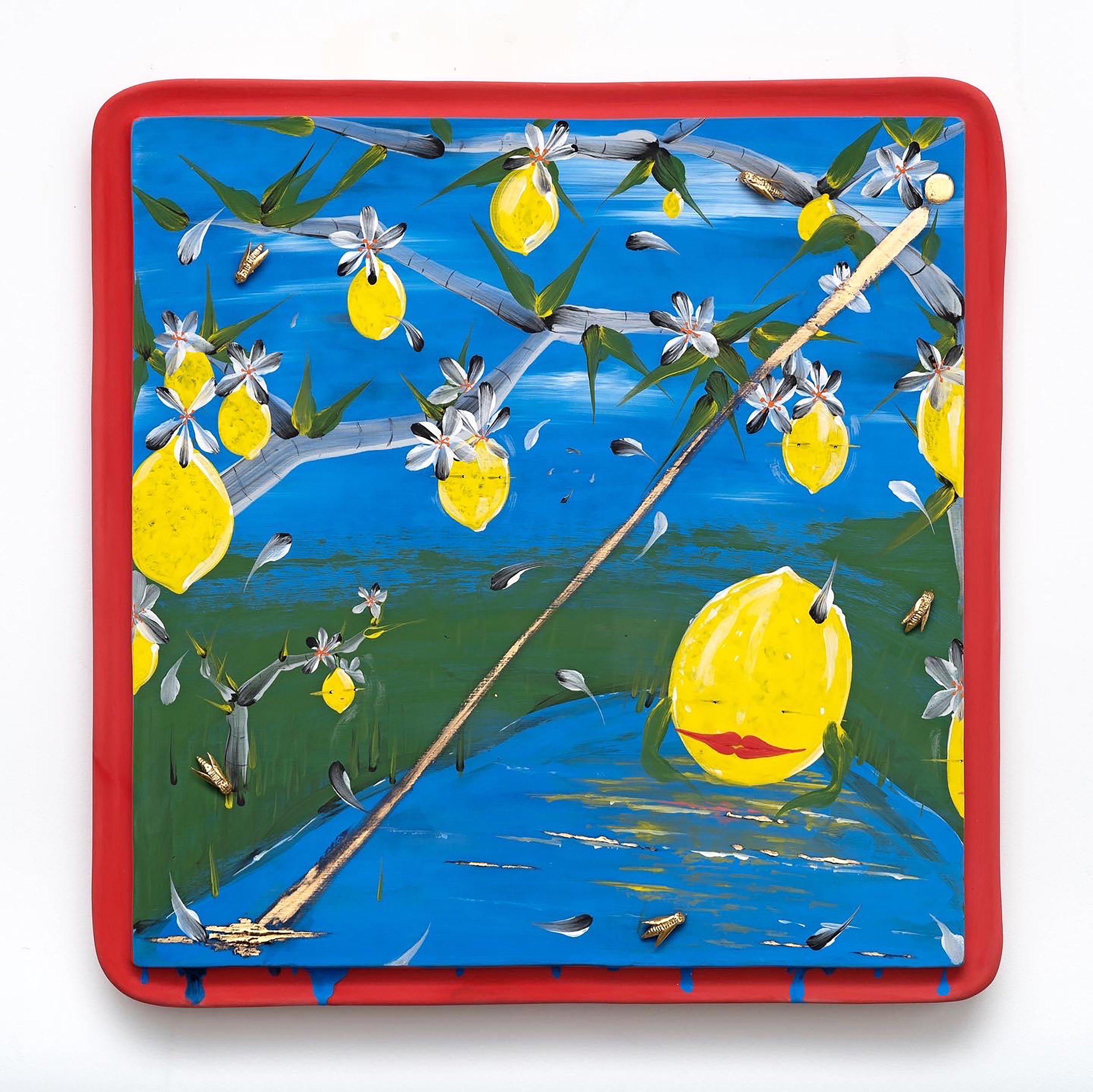  Narcissistic Lemon with a Sour Audience,  2022, Earthenware, glaze, gold luster, 22 x 22 x 3 inches