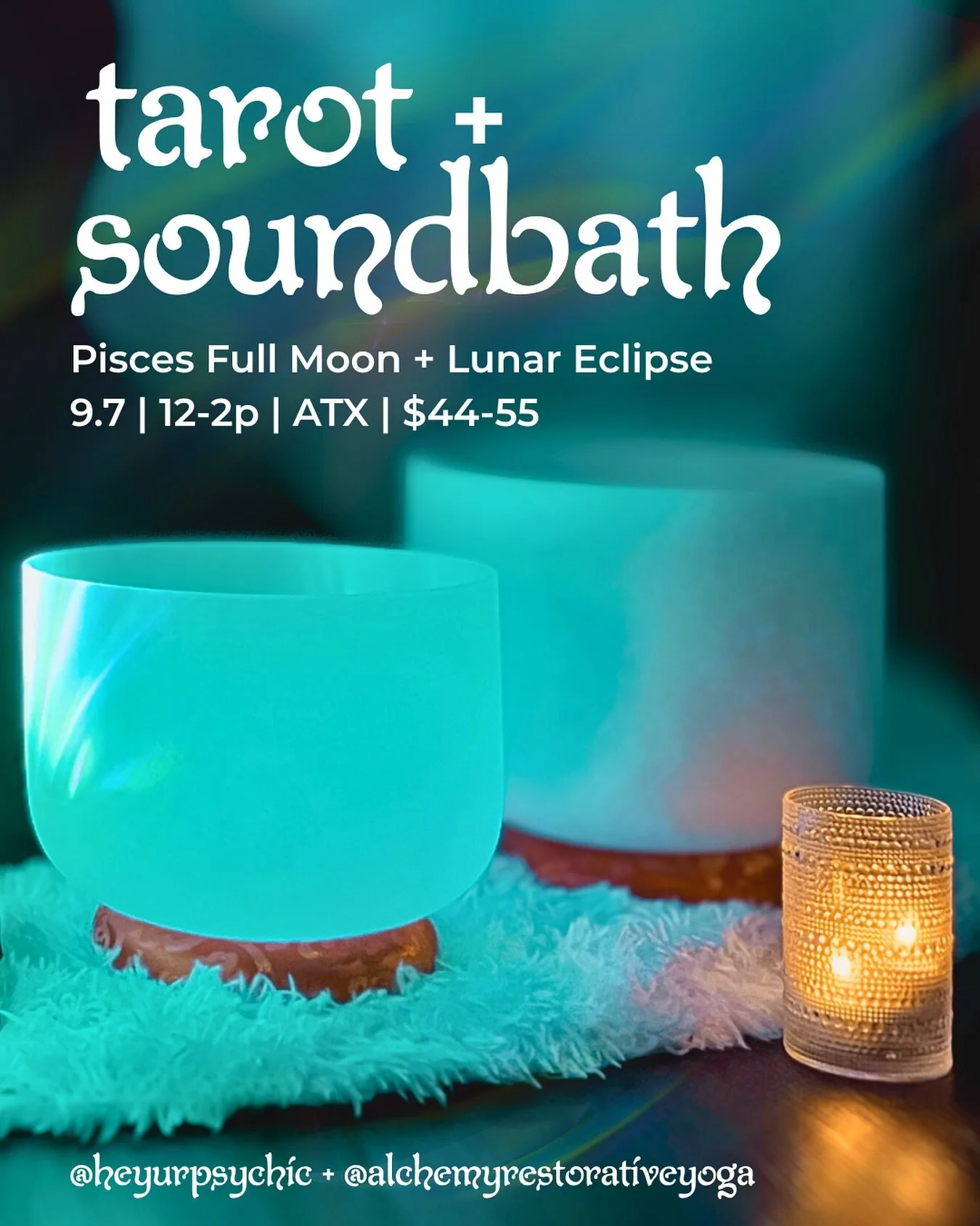 What an exciting time up ahead with the Pisces Full Moon and Lunar Eclipse. Come get a giant reset and a strike of clarity with us! 

Soundbath with @alchemyrestorativeyoga 
A psychic tarot reading with me 🧙

Tix are $44 until 9/2!

#soundbathnearme