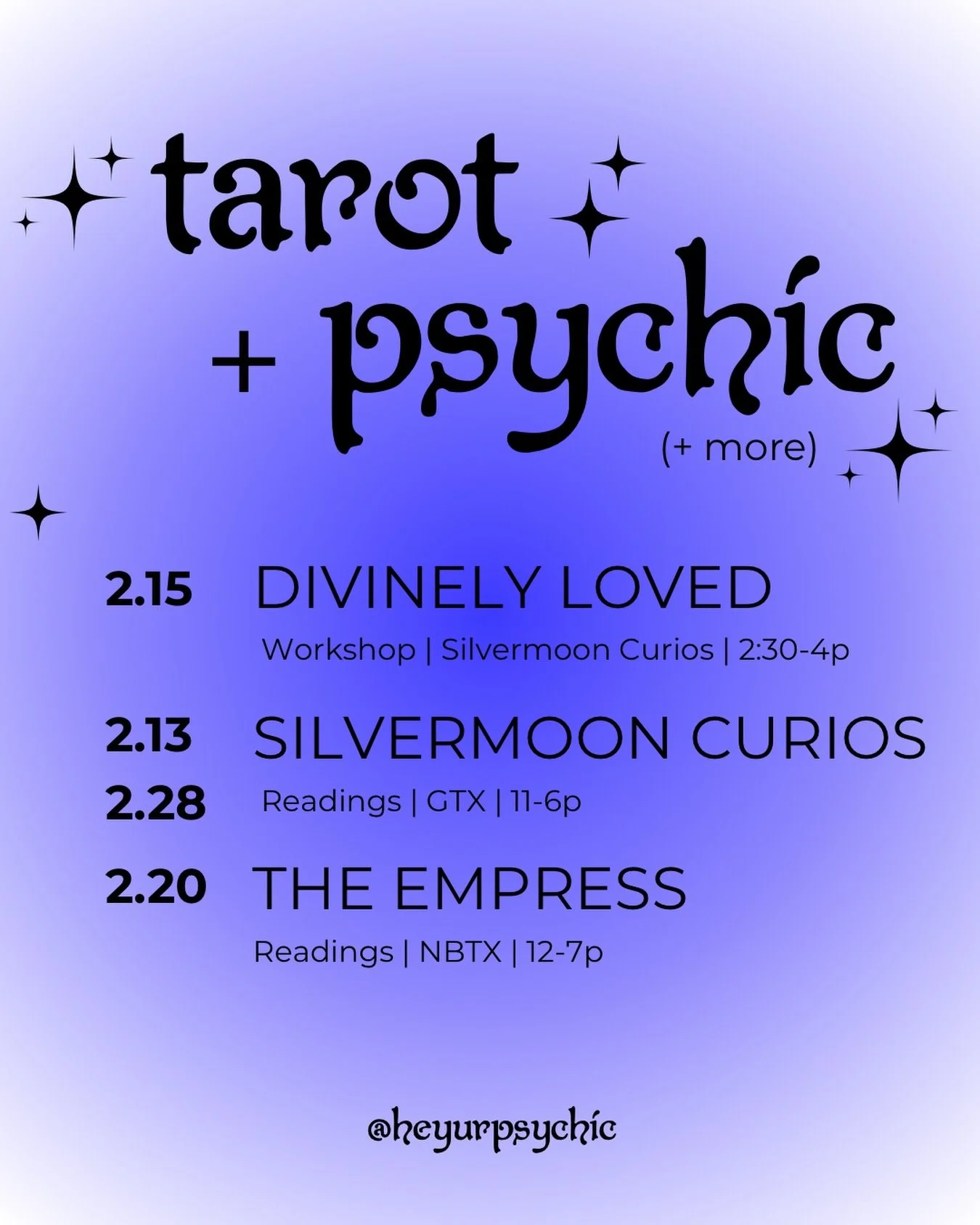 February dates to keep in mind if you&rsquo;re looking for in-person opportunities with me 🫶 222🌹

For divinely loved, sign up on profile! 
For in-person readings at Silver Moon or Empress, please DM me to book :) 

#seer #clairvoyant #tarot #oracl