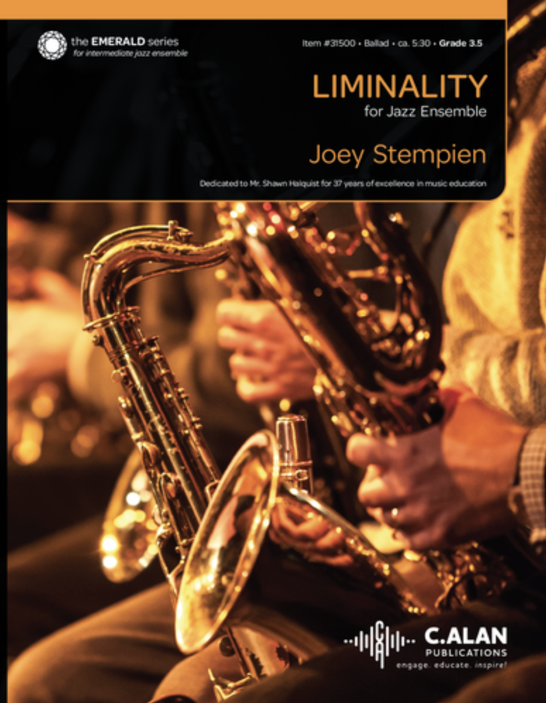 Close-up of a golden saxophone being played by a musician in a jazz ensemble, with blurred background of other musicians.