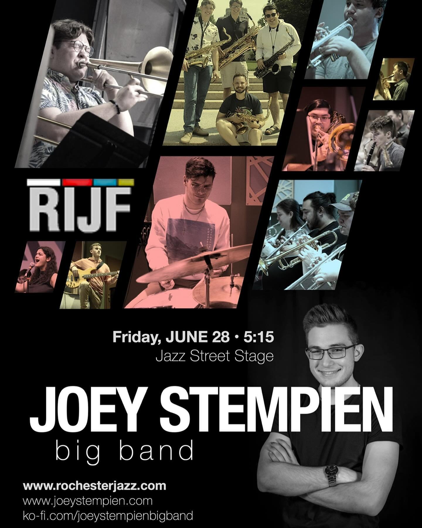 Joey Stempien Big Band is on the way to @rochesterintjazzfest 2024!
Playing some brand spanking new charts and some older favorites.

Come check us out!