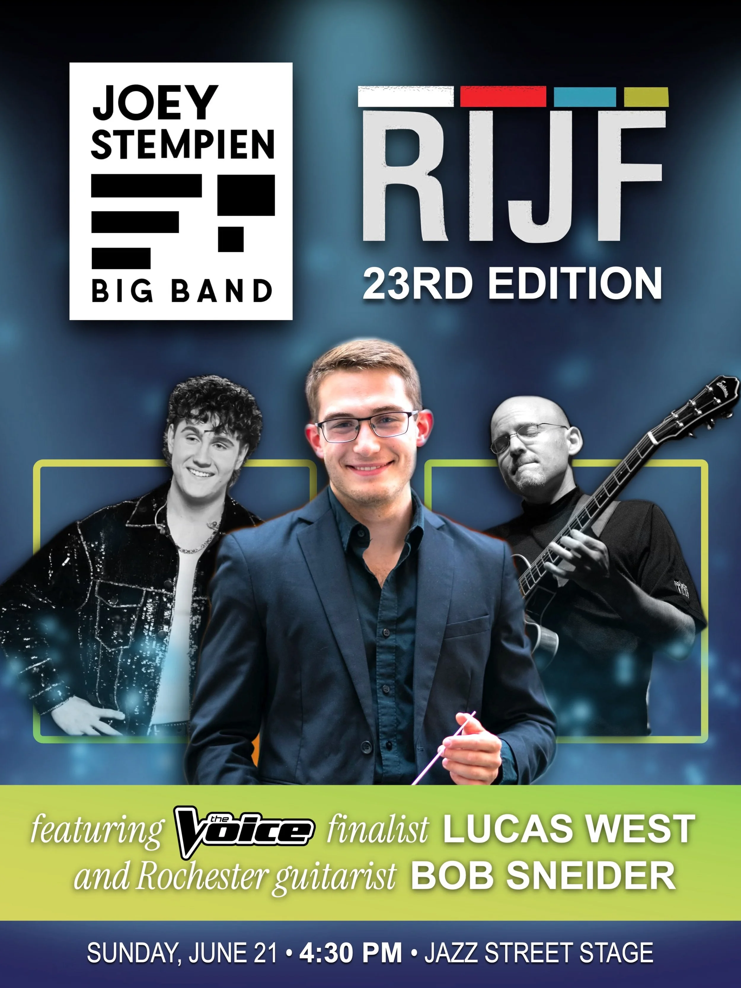 The Joey Stempien Big Band is back at @rochesterintjazzfest for YEAR 4!

We are so excited to feature @nbcthevoice finalist @lucas_west_music, as well as Eastman professor and renowned guitarist @sneider.bob 🎤🎸

Come hear fan favorites from our rec