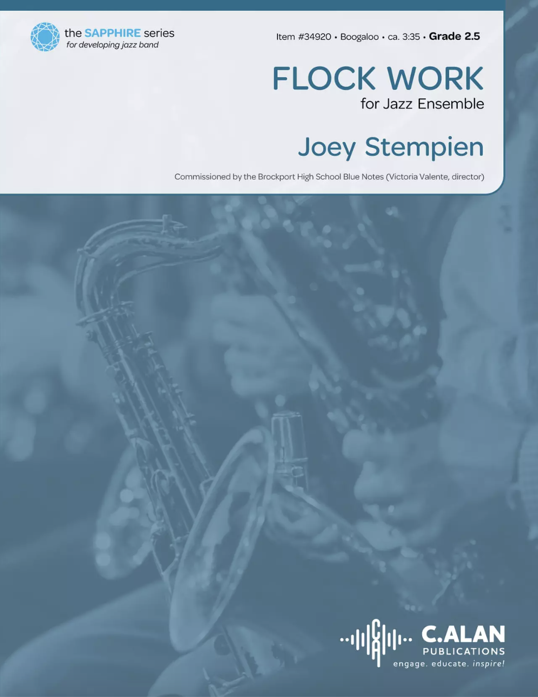 Music sheet cover titled "Flock Work" by Joey Stempien, for jazz ensemble, part of the Sapphire series for developing jazz band, Grade 2.5, with a background image of a saxophone player.