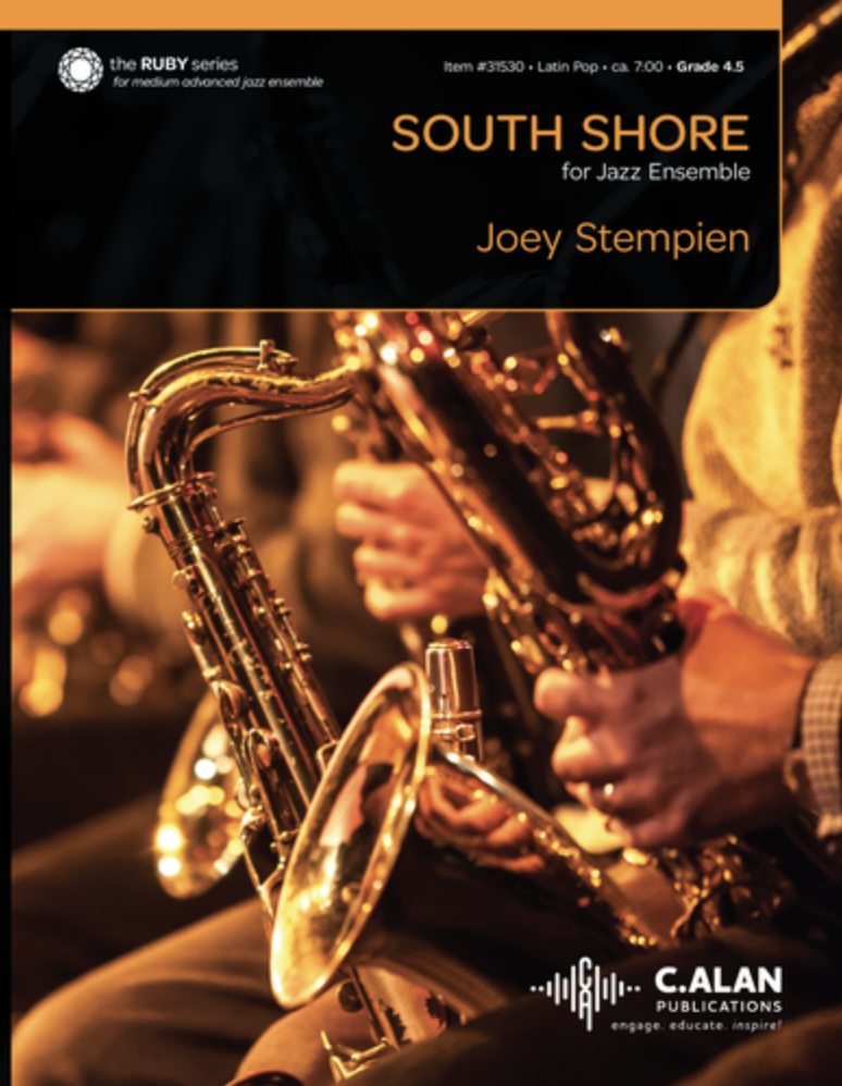 Close-up of jazz musicians playing saxophones during a performance, with warm lighting highlighting the instruments.