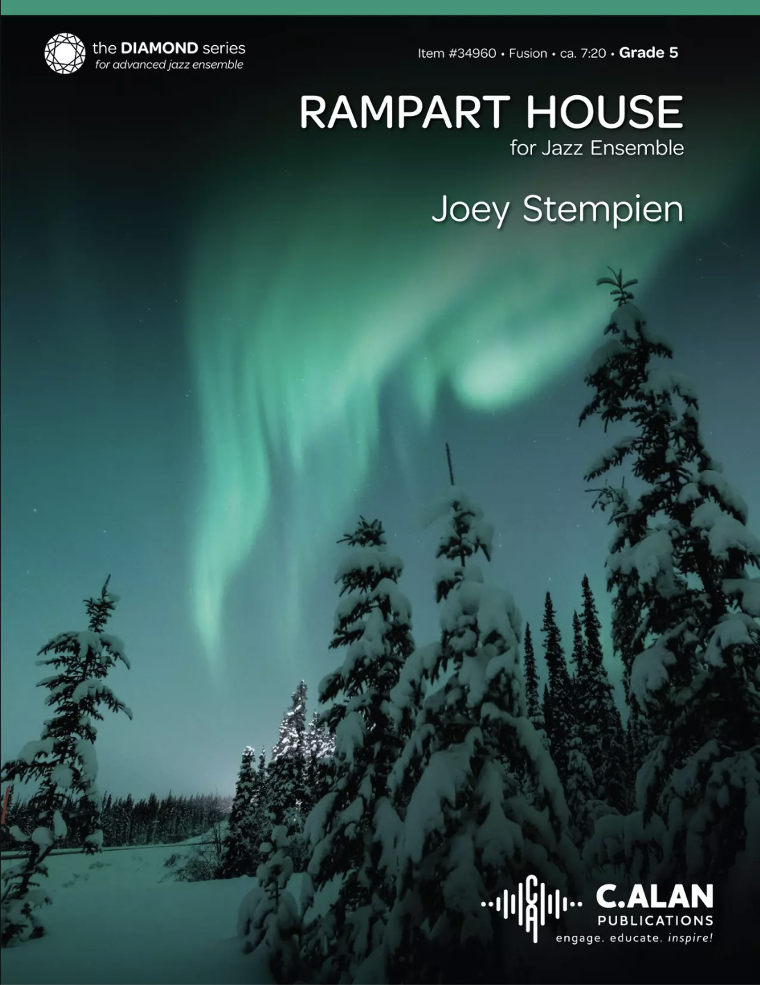 Book cover for 'Rampart House' by Joey Stempien featuring an image of snow-covered trees under a dark sky with the aurora borealis, or northern lights, visible.