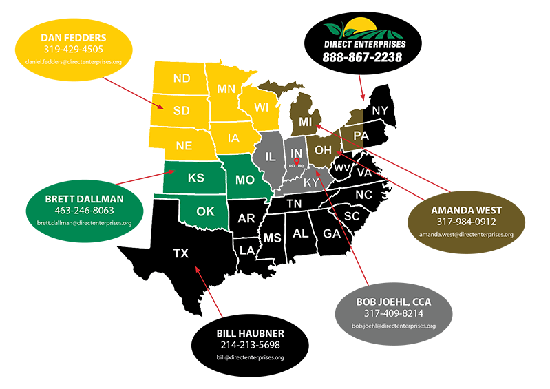 Map of the United States with colored states and contact information for different regions. Yellow region in the north includes North Dakota, South Dakota, Nebraska, Minnesota, Wisconsin, Michigan, and Ohio. Green region in the central includes Kansas, Missouri, and Oklahoma. Black region in the south includes Texas, Louisiana, Arkansas, Mississippi, Alabama, Georgia, and other states. Grey region in the Midwest includes Illinois, Indiana, Kentucky, and Ohio. Gray region in the Southeast includes Michigan, Indiana, Ohio, Kentucky, and Tennessee. Red region in the northeast includes New York, Pennsylvania, West Virginia, Virginia, and North Carolina. Contact details for Dan Fedders (northwest), Brett Dallman (central), Amanda West (northeast), Bob Joehl (southeast), and Bill Hauber (southwest) are shown on the map.