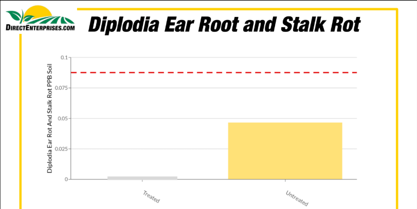 Bar chart comparing Diplodia Ear Root and Stalk Rot PpBP Soli levels in treated versus untreated samples. The untreated sample shows a higher level, while the treated sample shows nearly none.