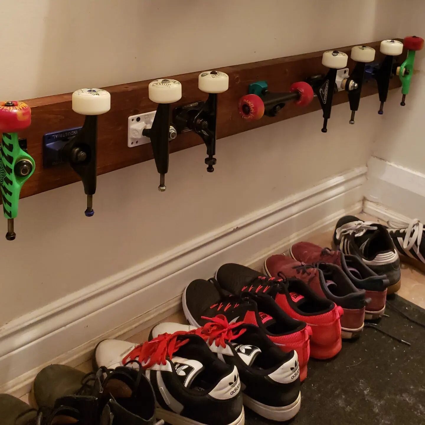 Skater shoe rack progress shots I dug up from 2018. Still one of my favourites!

Even includes my original Spitfire wheels from 1999, just had to sand them fresh again.