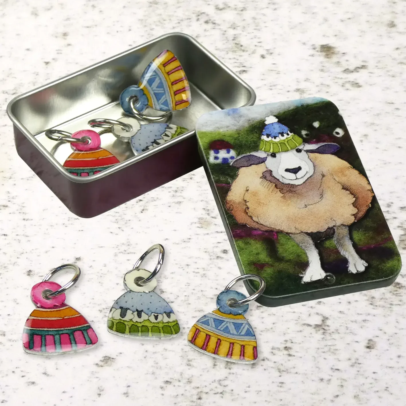 Emma Ball - Set of 6 Stitch Markers in a Pocket Tin - Hats
