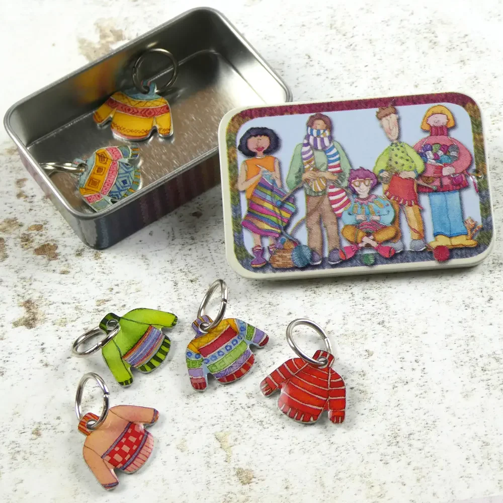 Emma Ball - Set of 6 Stitch Markers in a Pocket Tin - Jumpers in Knitters Tin