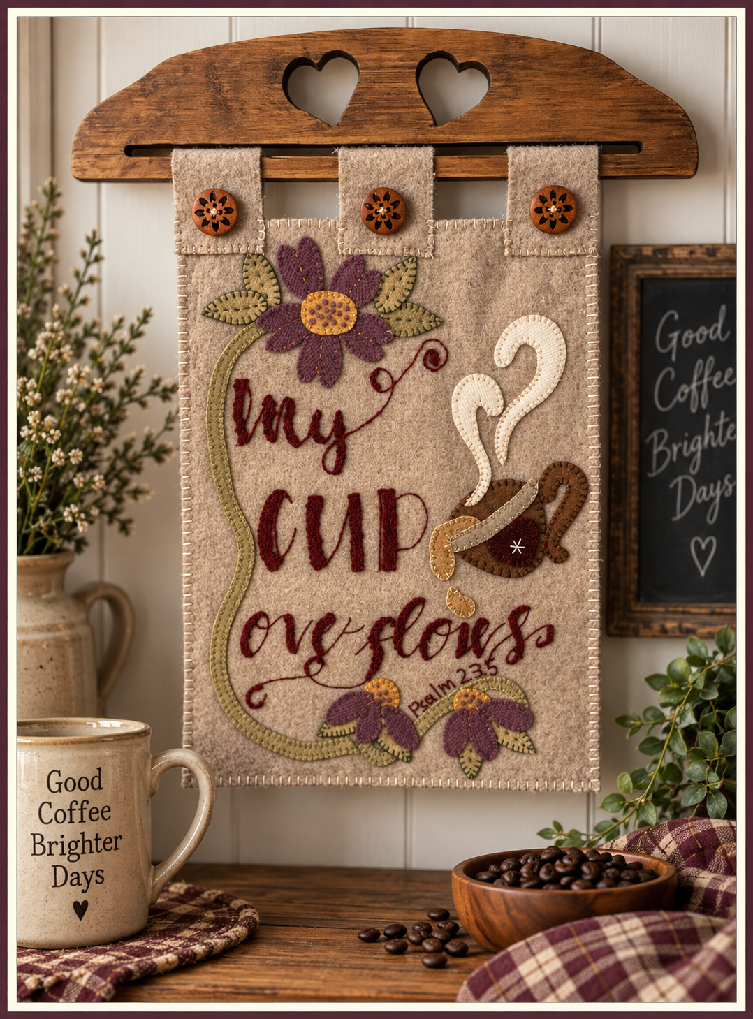 PAPER PATTERN,  Wool Applique, Crewel Embroidery Paper Pattern   "My Cup Overflows"
