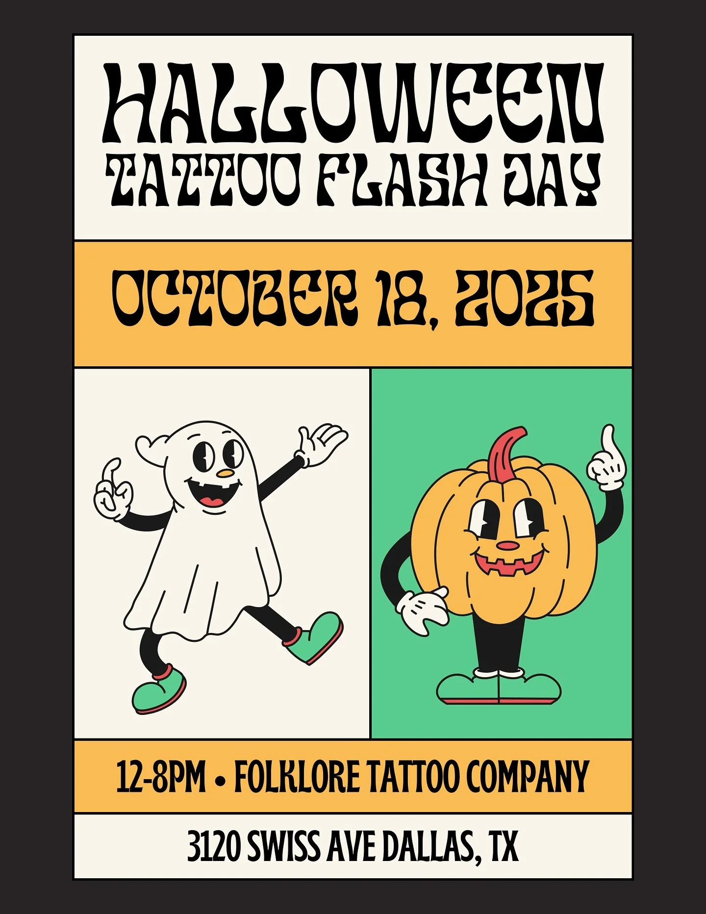 We&rsquo;re doing a spooky season Halloween Flash Day at @folkloretattoocompany from 12-8pm on Saturday October 18th! First come first serve! We&rsquo;ll be posting the flash over the next couple of weeks 👻🎃 Come out and get tattooed!
&bull;
#dalla