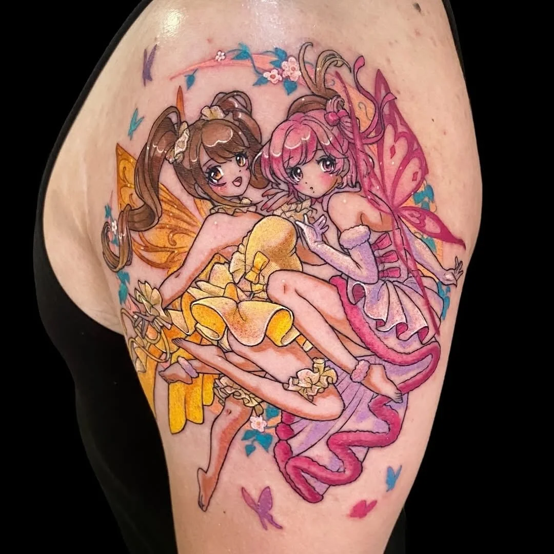 Anime tattoo by resident artist @rogueheart.tattoo
&bull;
An honor to tattoo this pair of cuties for Steven! 🌙  with all the ruffles and trim, these were so much fun to tattoo!

🌸If you&rsquo;d like to book something with me, just fill out my booki